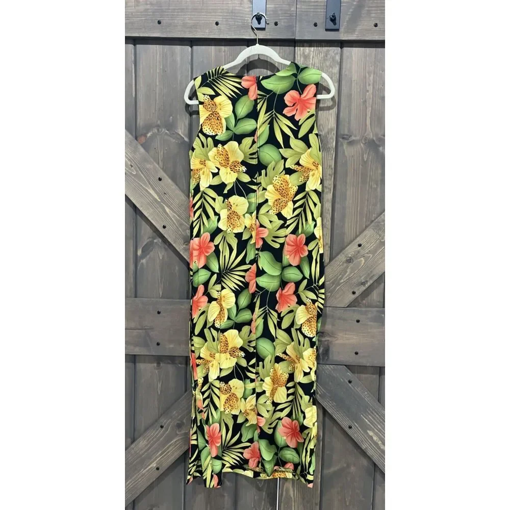 R&K Originals Tropical Floral Sleeveless Maxi Dress Side Slit with Button Sz‎ 10